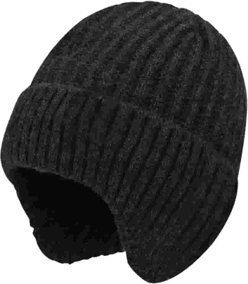 Gorro de malha térmica com abas de orelha para homens – Chapéu de inverno grosso à prova de vento para clima frio, boné forrado com lã quente para atividades ao ar livre, preto