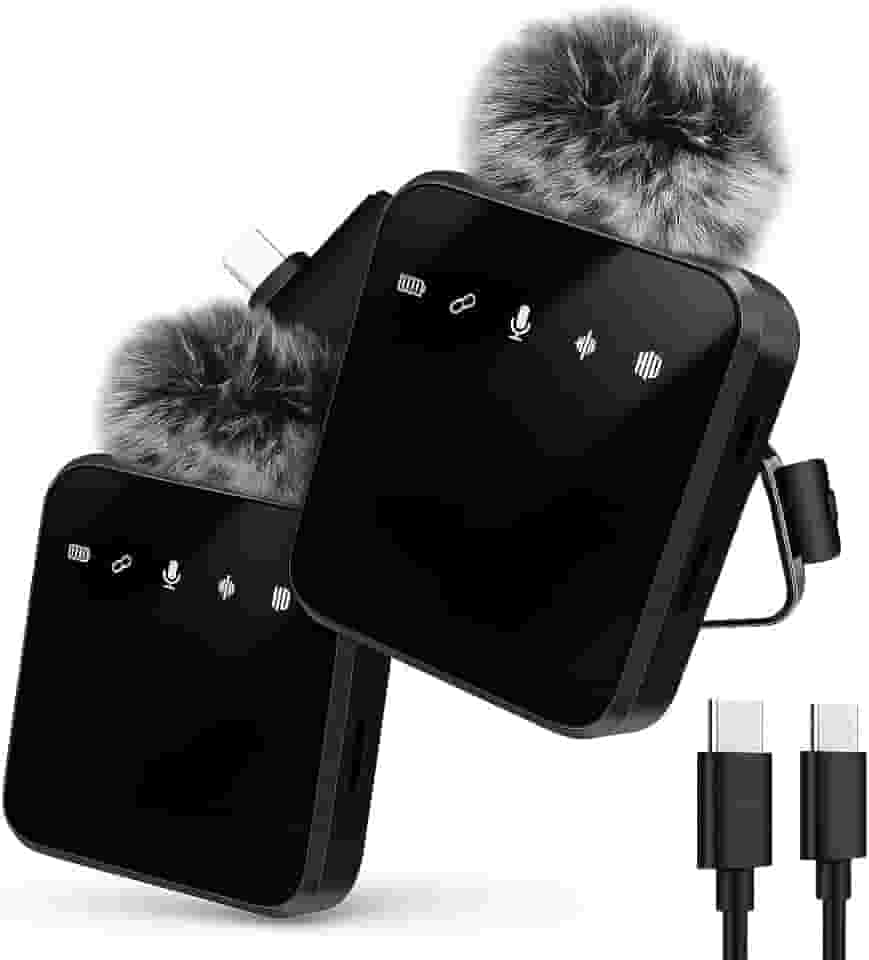 Microfone de Lapela Duplo Sem Fio USB-C – Áudio Profissional Estéreo, Redução de Ruídos– Ideal para Entrevistas, Vídeos, Aulas Online e Podcasts TikTok