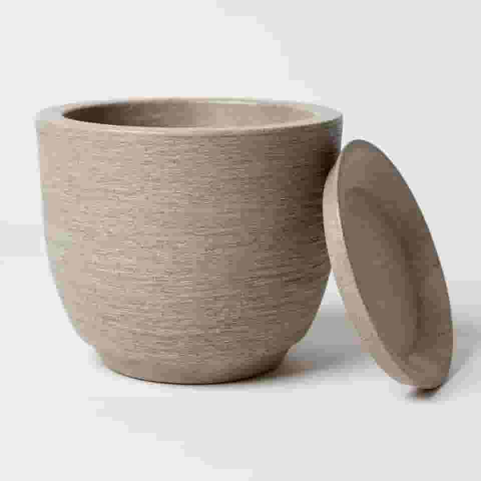 Vasos para plantas e flores cone redondo em polietileno com prato textura jateada (Cinza, Pequeno)