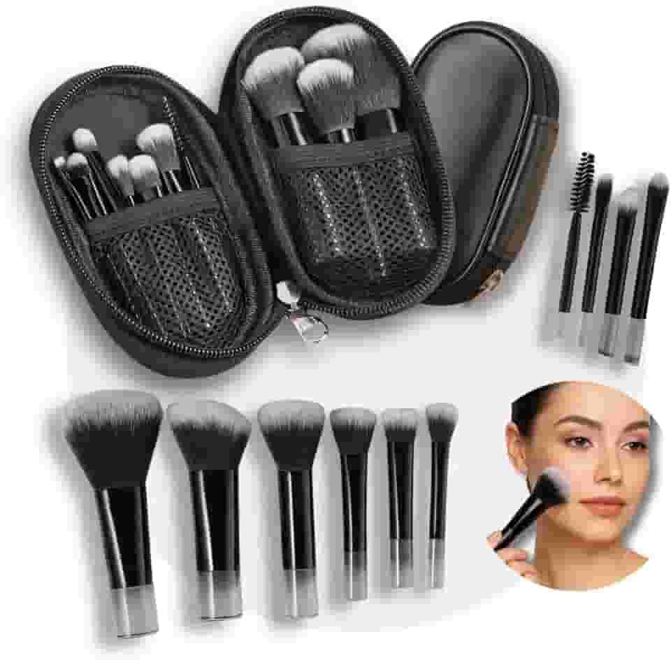 Kit 10 Mini Pincéis de Maquiagem com Estojo Cerdas Sintéticas Macias, Portátil e Completo para Base, Pó, Blush, Corretivo e Sombras – Para Viagem Travel Size Ideal para Presente, Uso Diário e Adolescentes (Preto)