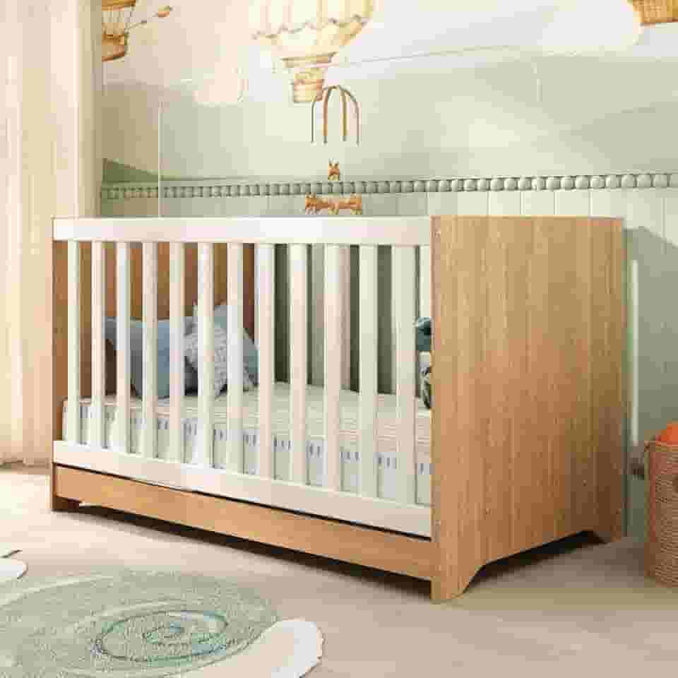 Berço Americano 3 em 1 Multimóveis para Colchão 130x70cm Conversível em Mini Cama e Sofá - Madeirado/Branco - Modelo 0527PA