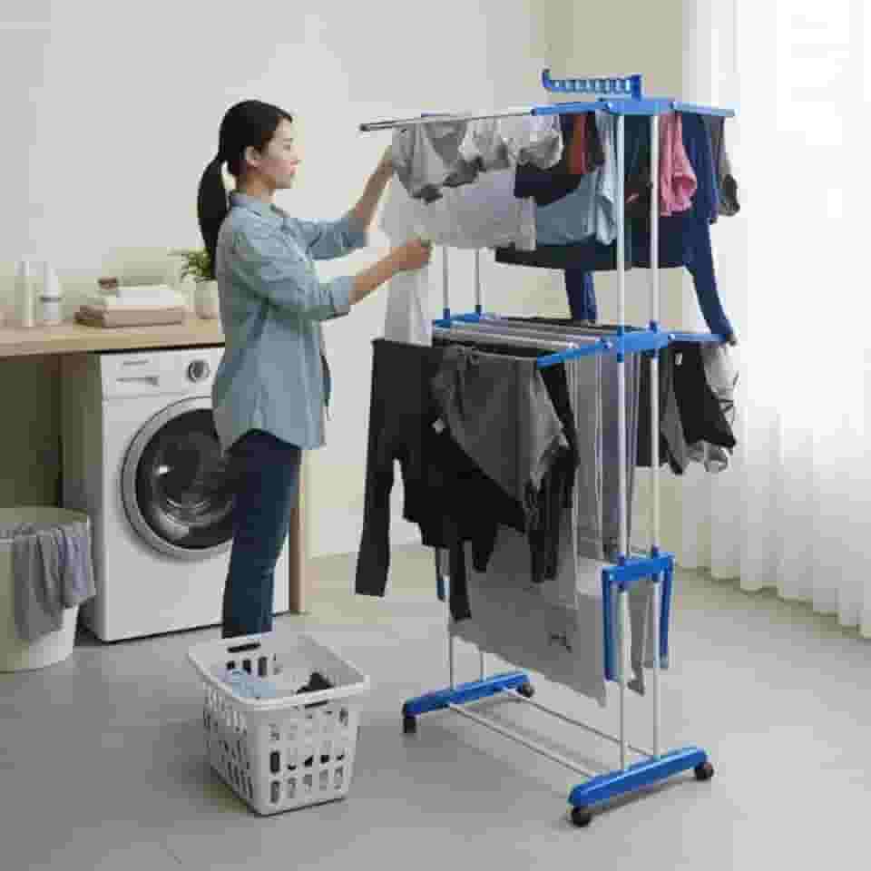 Varal De Chão Grande Vertical Dobrável Inox 3 Andares C/roda