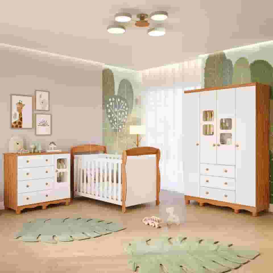 Quarto Bebê Completo Berço Americano Marquesa 3 em 1 Guarda Roupa 4 Portas Cômoda Uli 100% Mdf Móveis Peroba