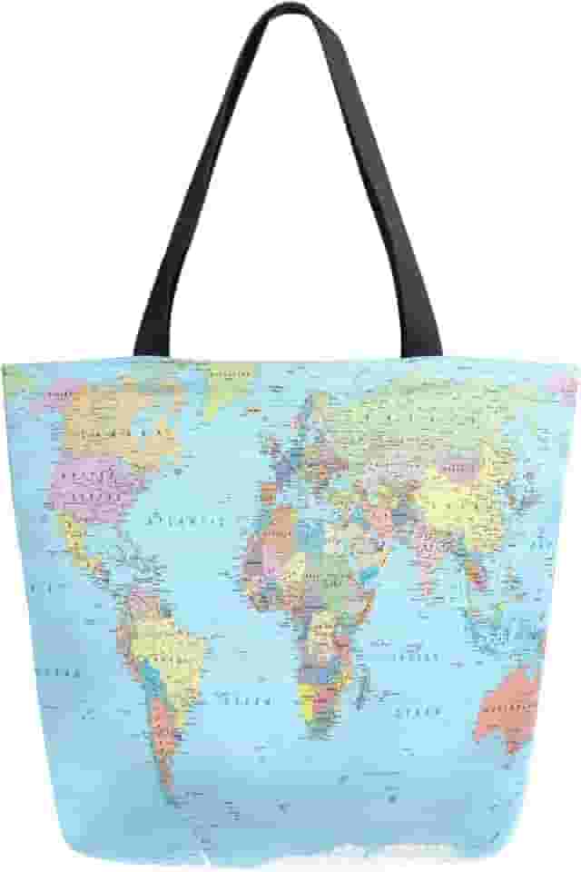 Naanle Bolsa de mão de lona com mapa do mundo grande feminina, casual, bolsa de mão, mapa-múndi, reutilizável, multifuncional, resistente, para compras ao ar livre.