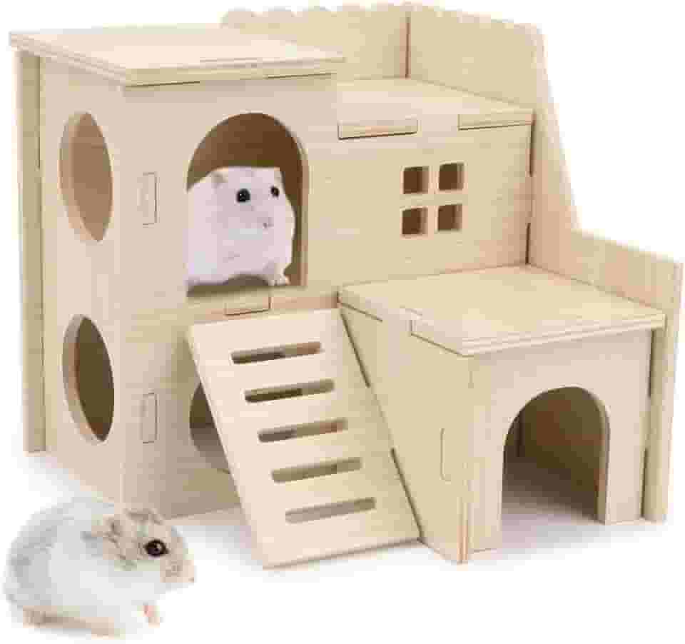 Wontee Hamster anão esconderijo de madeira labirinto divertido de dois andares para hamsters anões, ratos gerbos ou animais de estimação de tamanho semelhante