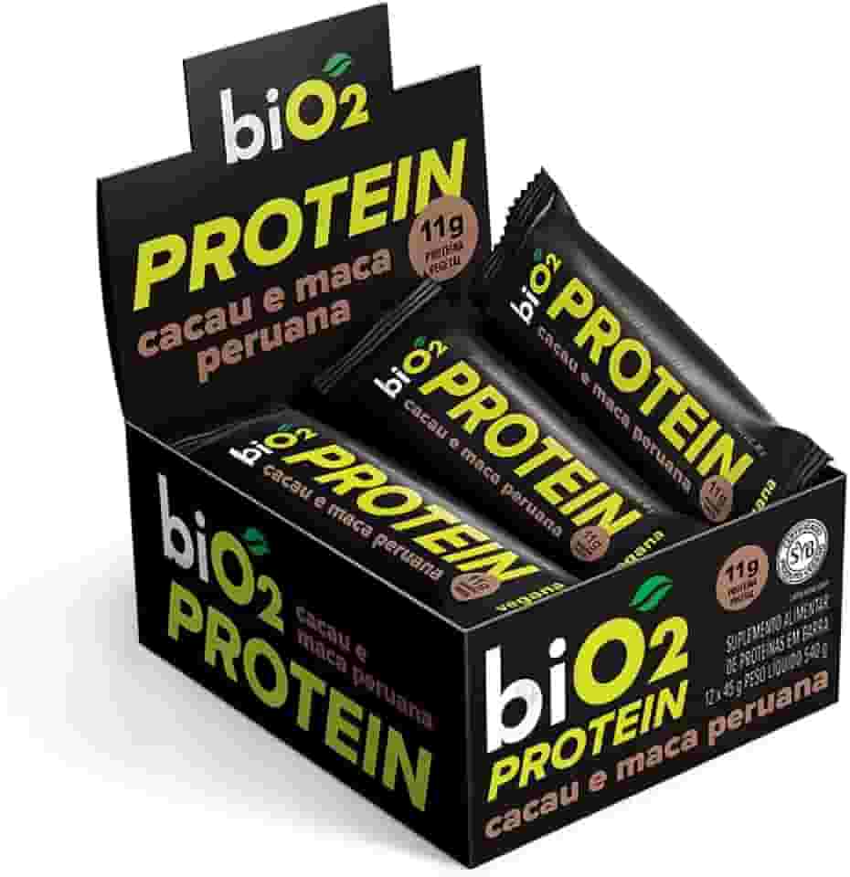 Barra de Proteína biO2 Protein Cacau, Maca Peruana e Pasta de Amendoim, Caixa com 12 unidades de 45 g, Vegana e sem Glúten