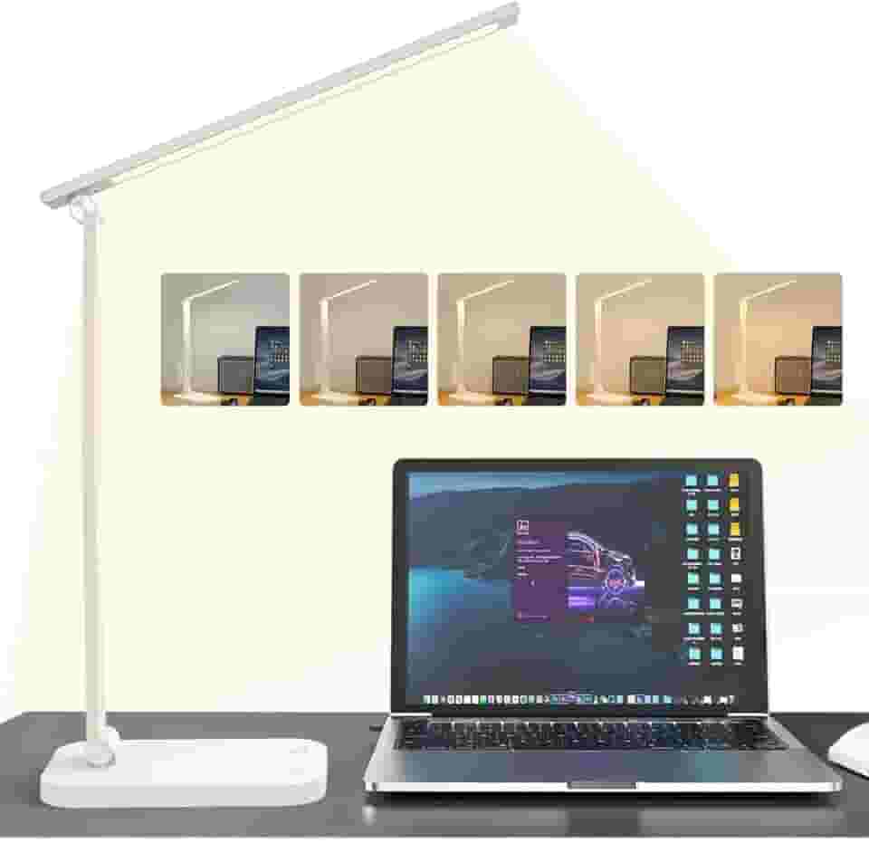Luminária de Mesa LED com Dupla Alimentação Tomada e USB, 50 LEDs 320Lm, Dimerização Contínua 3000K-6000K, Timer 45min, Toque Sensível, Ideal para Escritório, Estudo e Quarto, Branco