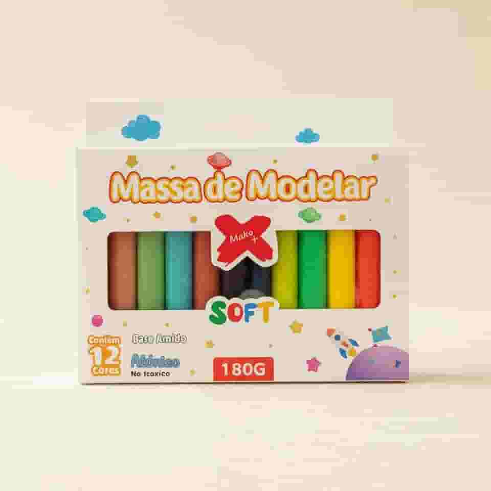 Massinha de Modelar Soft, 12 Cores Sortidas, Base de Amido, Atóxica, 180g, Textura Macia, para Crianças a Partir de 3 Anos