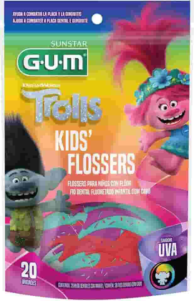 Flosser GUM Trolls, Fio Dental com haste, Sabor Uva, 20 unid., Gum, Sortidas, Pequeno