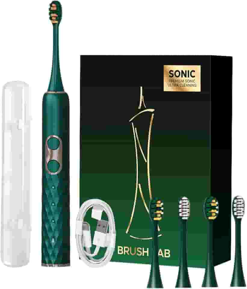 Escova de Dente Elétrica Sônica para Adultos, Cerdas Macias e Médias, USB Recarregável, IPX7 à Prova d’Água, 4 Cabeças Substituíveis, Portátil para Viagem, Presente (Verde)