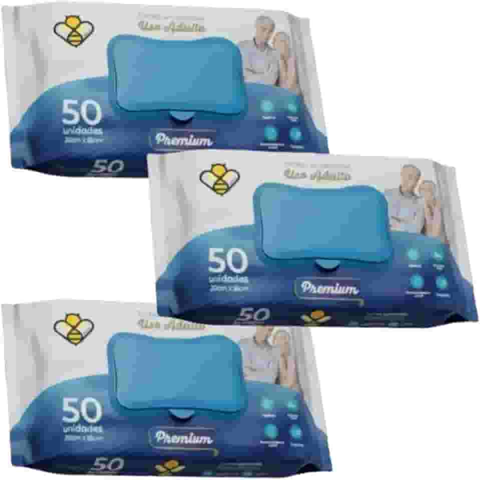 Toalha Umedecida Geriátrica Adulto Lenço 3 Packs com 50 Unidades Cada