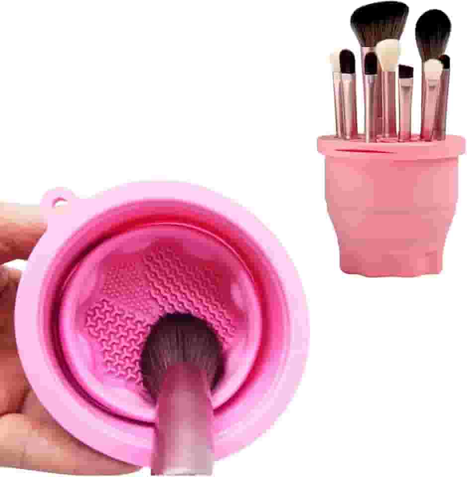 Limpador de Pincel de Maquiagem com Suporte Retrátil – Silicone com Textura de Limpeza Profunda | Organizador e Secador de Pincéis | Portátil com Tampa – Cor Rosa