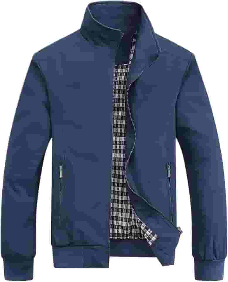 Jaqueta Masculina Casual com Gola Alta, Forro Xadrez, Casacos Zíper Frontal 26525