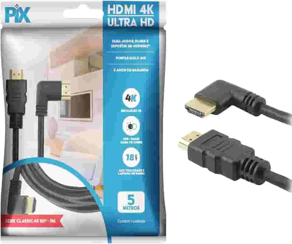 PIX Cabo HDMI 2.0 4K 19 Pinos - Plug 90 Graus, 5 Metros