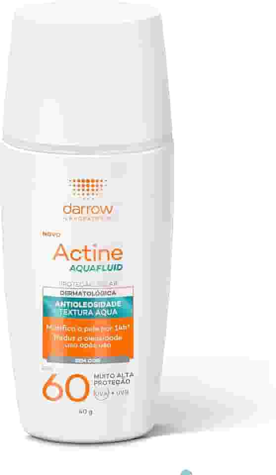 Darrow Actine Aquafluid Protetor Solar Facial FPS 60 40g, Dermatológico, com cor, com P-Refynil e Ácido Glutâmico que Protege contra os raios UVA/UVB, Matifica, Previne Acne e Controla Oleosidade, possui textura ultra fluida aquosa