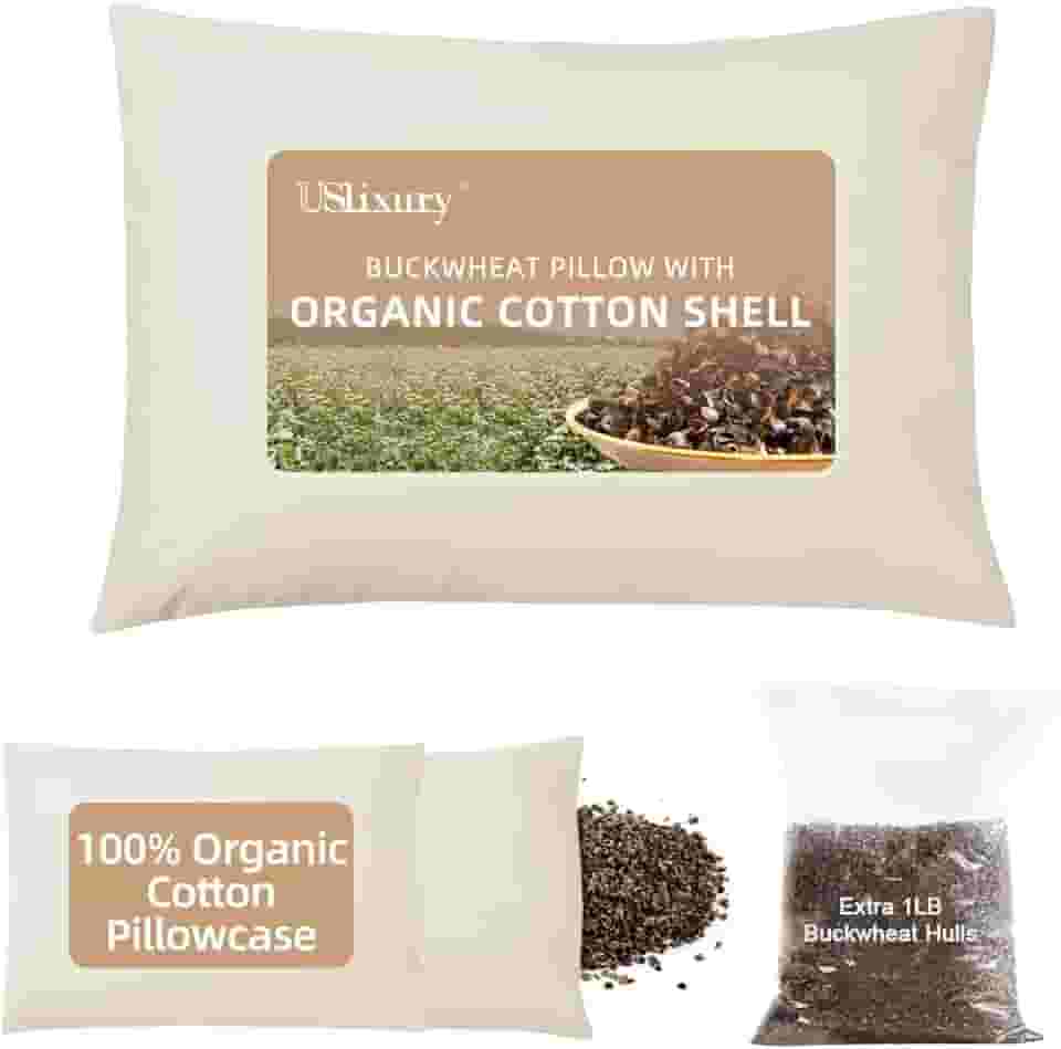 USlixury Travesseiro de trigo sarraceno com fronha extra orgânica e cascos extras, altura e firmeza ajustáveis, travesseiro de trigo sarraceno orgânico, suporte de pescoço firme para pessoas que