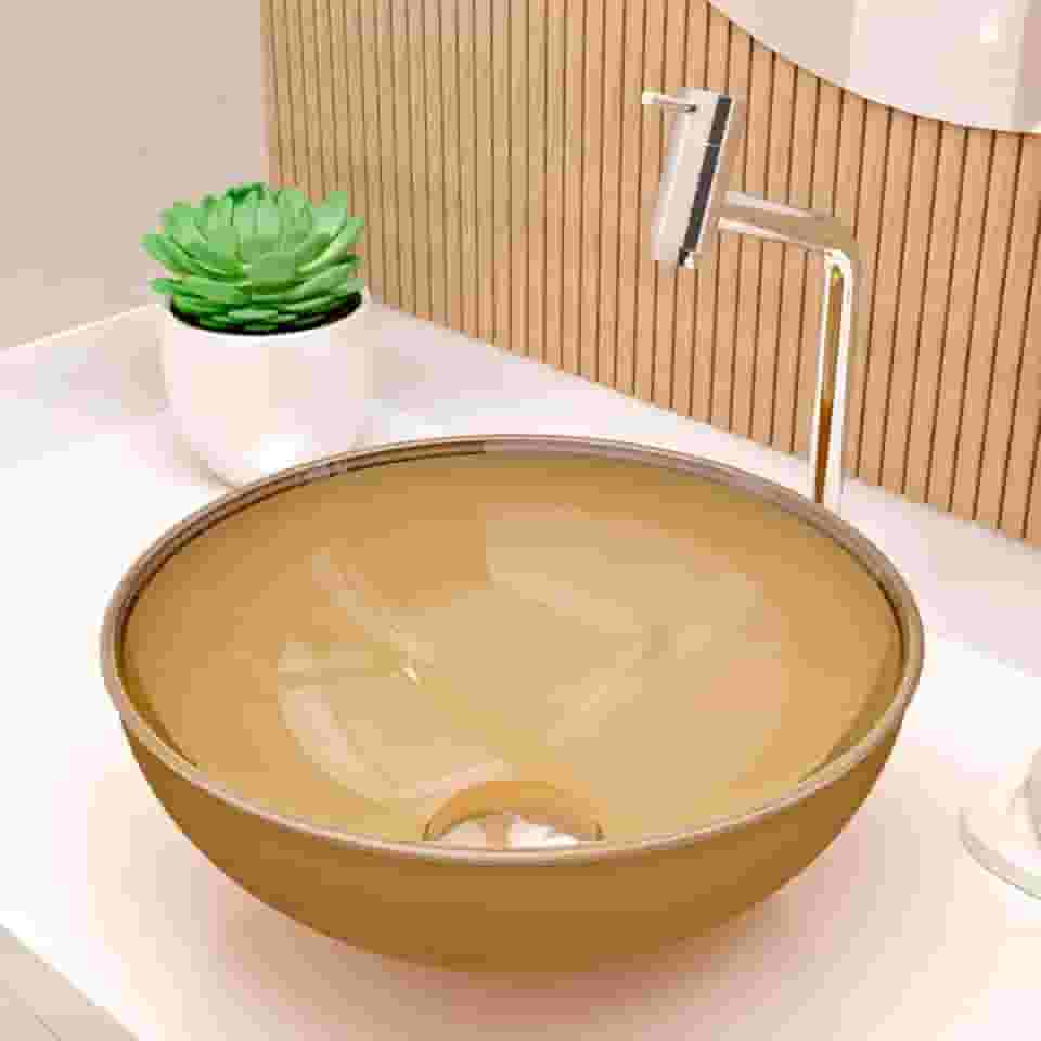 Cuba Pia de Apoio Sobrepor Vidro Redonda 29cm Banheiro Lavabo Beltempo BT-4030 (Ouro)