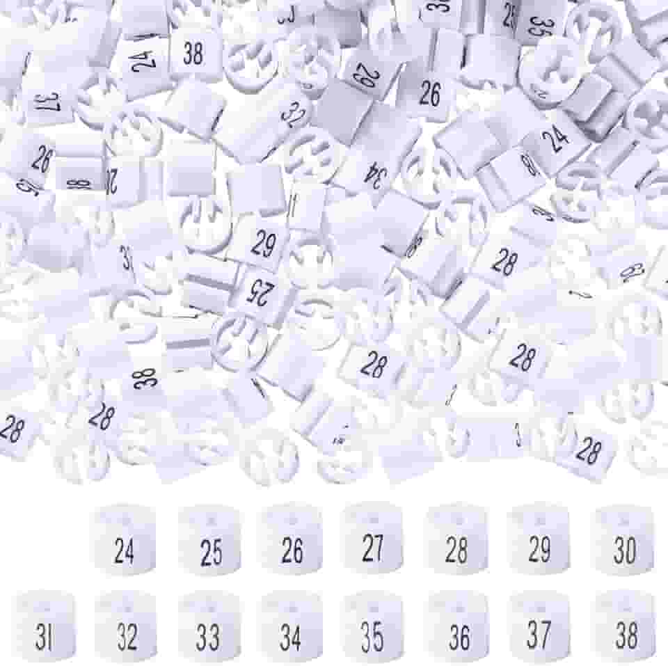 CRASPIRE 150 peças, marcadores de tamanho de cabide de 15 estilos, etiquetas brancas, marcador de cabide de plástico, tamanho 24-38 marcadores de roupas com código de código para cabides de arame
