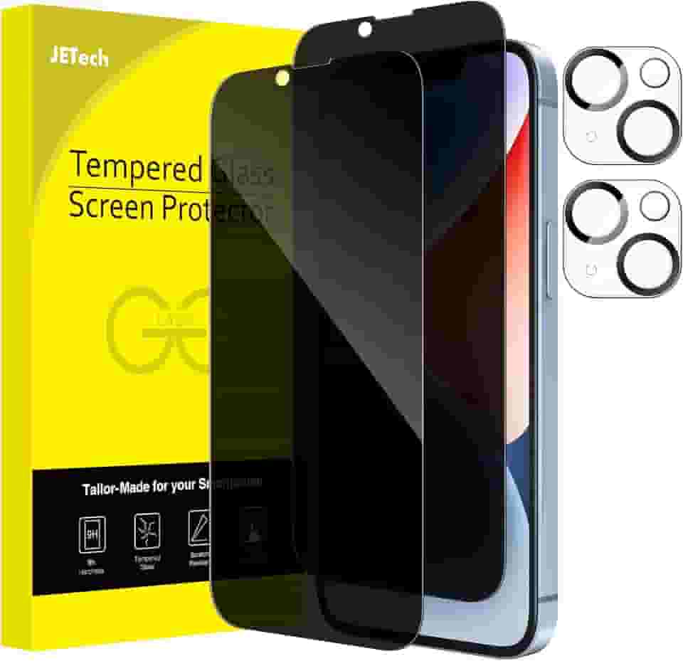 JETech Película de Vidro Temperado Cobertura Total de Privacidade para iPhone 14 6,1 Polegadas com Protetor Lente Câmera, Protetor de Tela Anti-Espião, 2 Pacotes Cada