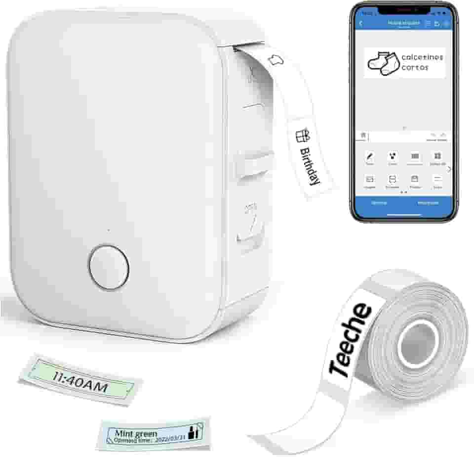 Impressora Térmica de Etiquetas Portátil, Bluetooth, 15mm Largura, Bateria 1000mAh, com App e Rolo de Etiqueta, Branca (Impressora + Rolo de Papel)