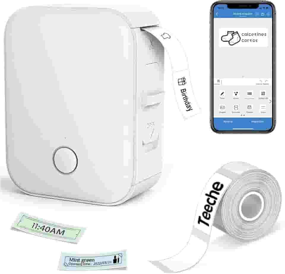 Impressora Térmica de Etiquetas Portátil, Bluetooth, 15mm Largura, Bateria 1000mAh, com App e Rolo de Etiqueta, Branca (Impressora + Rolo de Papel)