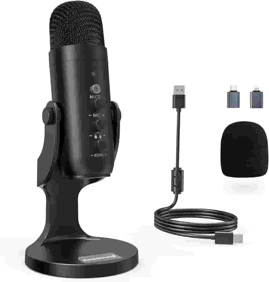 ZealSound USB Microfone, Condensador Computador PC Mic, Plug & Play Gaming Microfones para PS 4 & 5.Headphone Output & Volume Control, Mic Gain Control, Botão Mute para Vocal, YouTube Podcast (Preto)