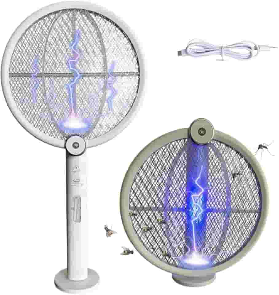 Raquete Elétrica Recarregável Cor Branca Mata Mosquistos Pernilongos Com Iluminação Luz UV Atrai Insetos Raquete Dobravél Com Suporte De Mesa E USB