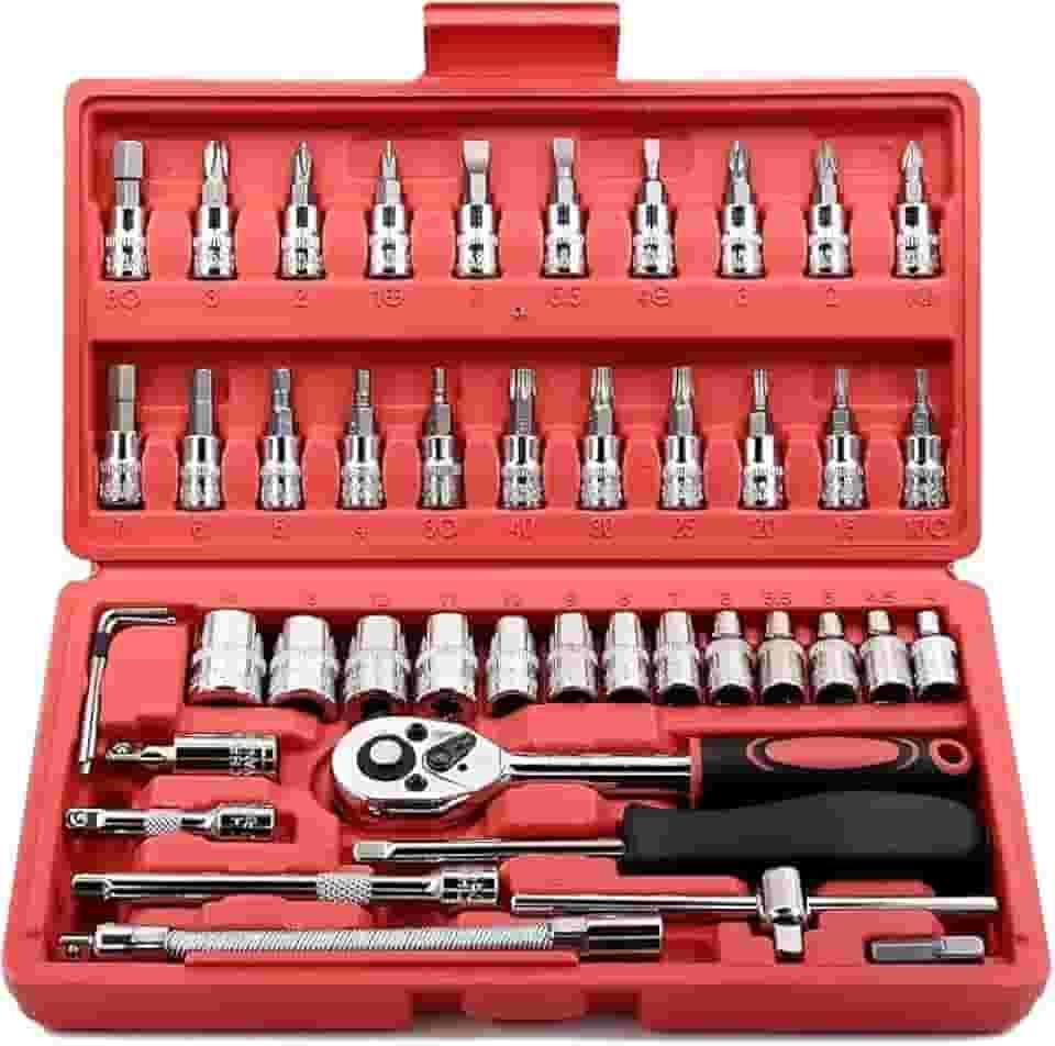 Kit de Ferramentas 46 Peças com Chave Catraca Soquetes e Bits – Conjunto Profissional Cromado Cr-V com Maleta Vermelha Portátil para Reparos Automotivos e Domésticos