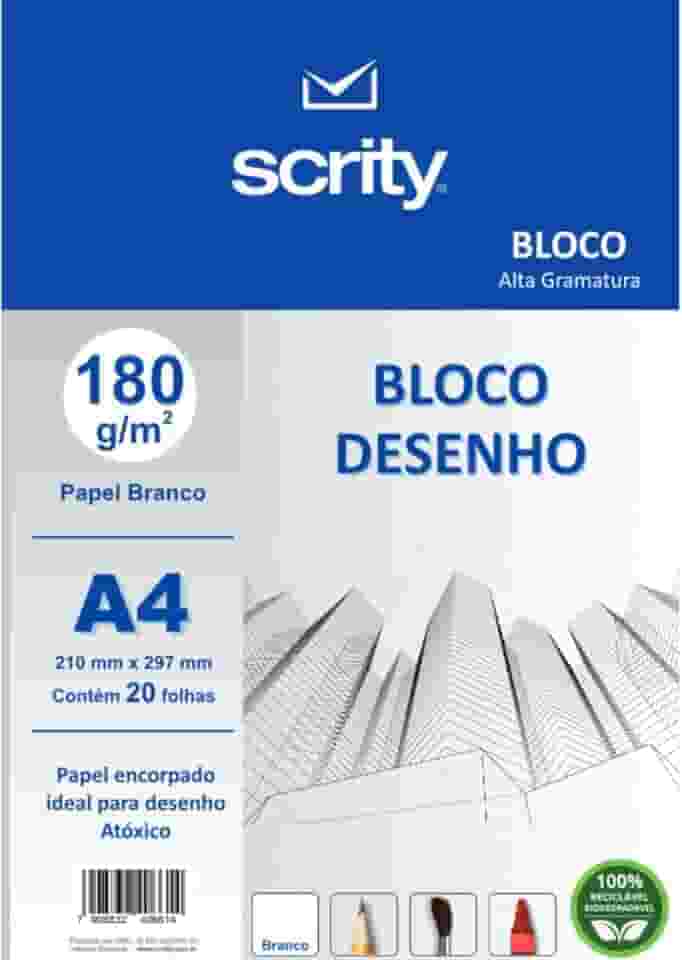 Bloco para Educação Artística, Scrity, Desenho, A4, Branco, 180 Gramas, 20 Folhas