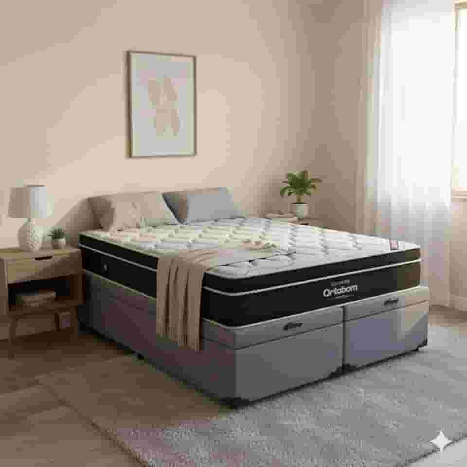 Cama Box Baú King Size Bipartido Corino + Colchão de Molas Ensacadas Elegant - 1.92x2.03 (Cinza)