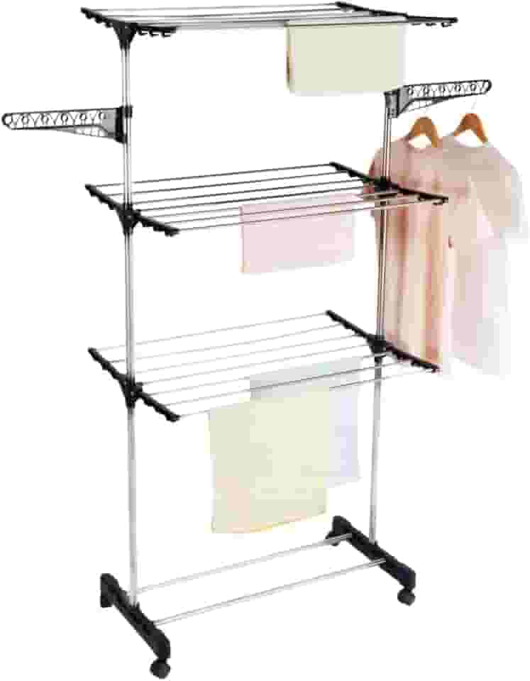 Varal De Chão 3 Andares Grande de Roupas Dobrável Regulável Retrátil com Rodinhas e Ganchos Compacto