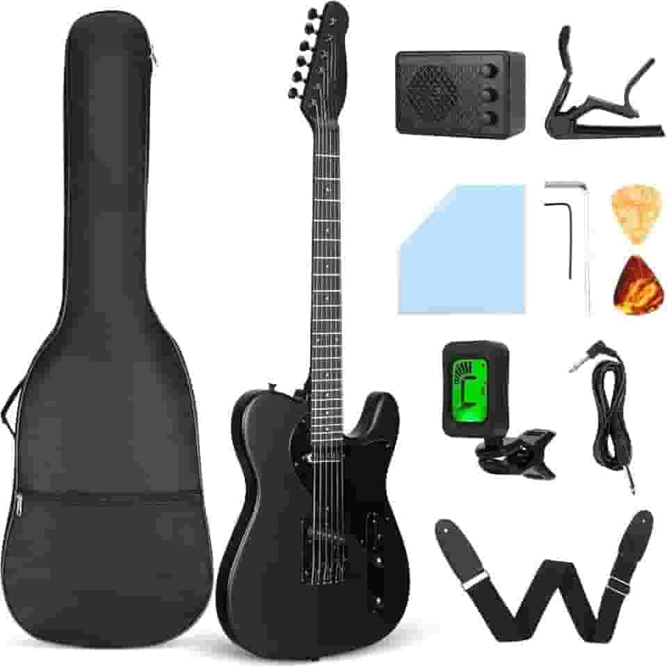 VEDO VD-TL1 Guitarra Elétrica 39 Polegadas para Iniciantes com Amplificador, Alça e Afinador - Corpo em Madeira de Álamo, Captadores Alnico e Kit Completo (Preto)