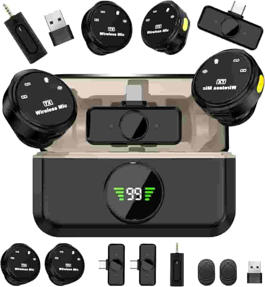 microfone de lapela sem fio de nível profissional, Microfone sem fio lapela(2TX+3RX), Três níveis de redução de ruído, Amplamente compatível com dispositivos de interface Tipo C e Lightning