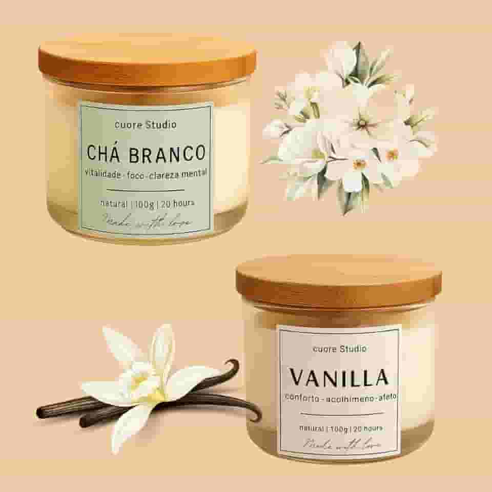 Kit 2 Velas Aromáticas Chá Branco e Vanilla 100gr cada | cuore Studio