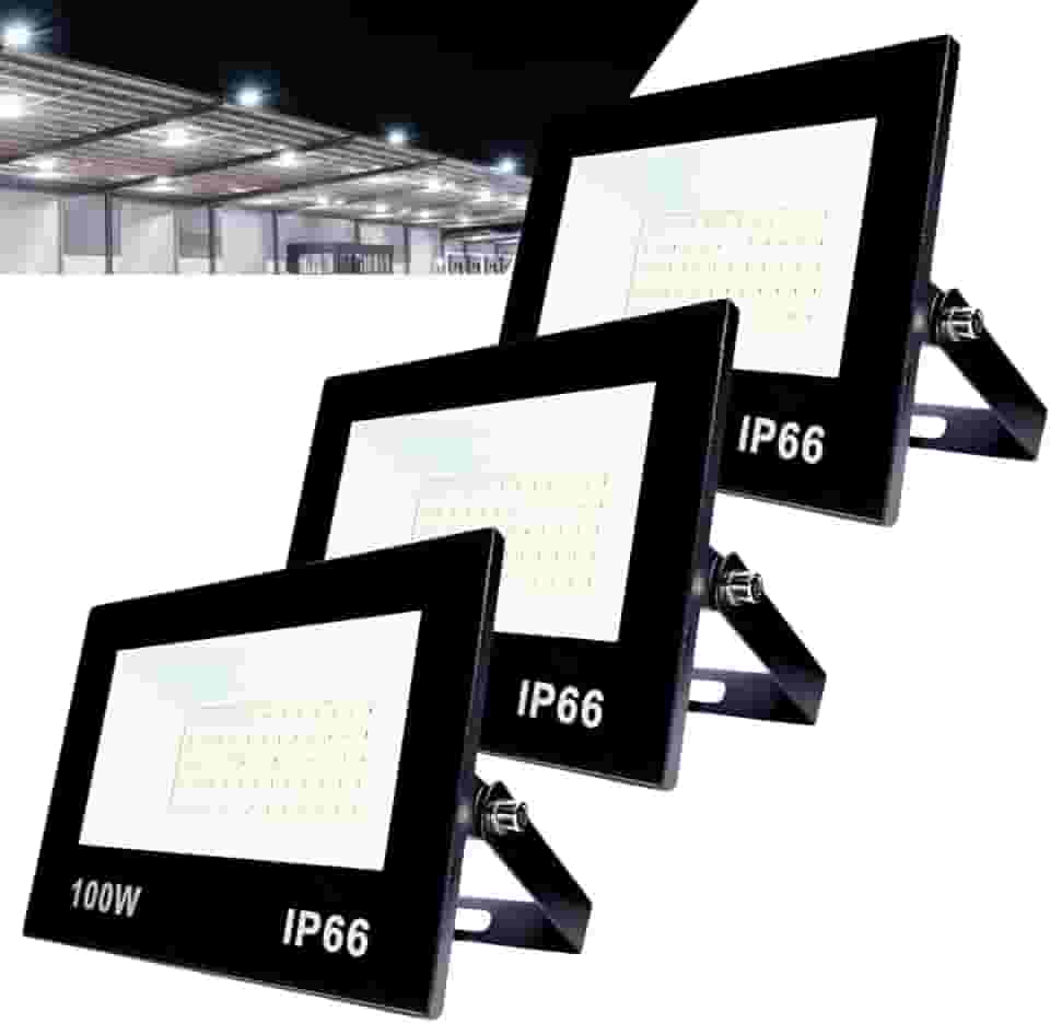 Kit com 3 Refletor LED Holofote 100W Branco Frio 6500K - IP66 à Prova d’Água Econômico para Jardim, Fachada e Quintal Premium