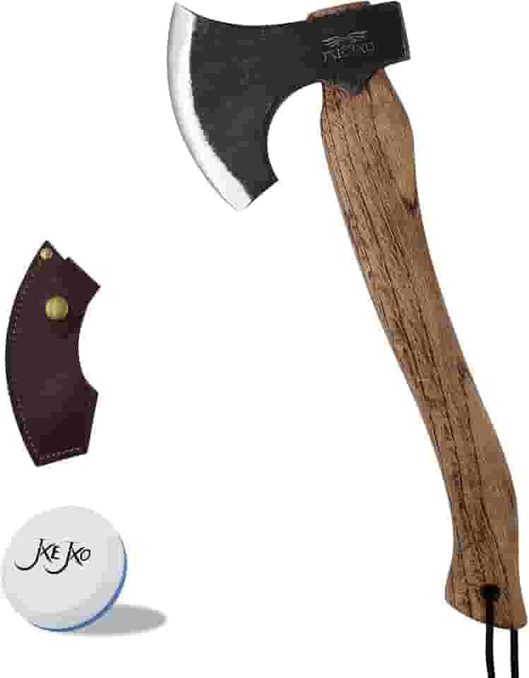 JXE JXO Machado De Acampamento 14,5" Em Aço Alto Manganês 1065 E Cabo Nogueira Com Bainha Couro - Bushcraft Para Rachar Cortar Lenha
