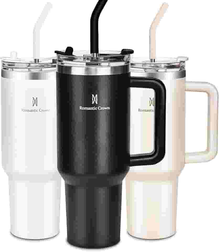 Romantic Crown Copo Térmico com Canudo Tampa e Alça 1,18L, Cops Garrafas Termico para viagem vácuo dupla camada aço inoxidável, Caneca Termica Cafe Água Chá,Presente, Fitness (Preto)
