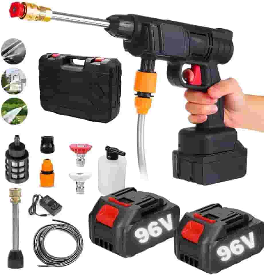 Lavadora Portátil de Alta Pressão 96V - 2 Baterias Recarregáveis + Maleta Kit Completo de Acessórios para Todo o Brasil Ideal para Limpeza de Carros Calçadas e Mais