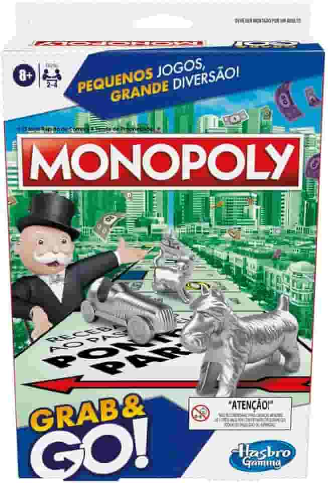 Hasbro Gaming Monopoly Grab and Go, jogo de tabuleiro portátil em plástico com peças de casas e dinheiro, jogos infantis para crianças acima de 8 anos