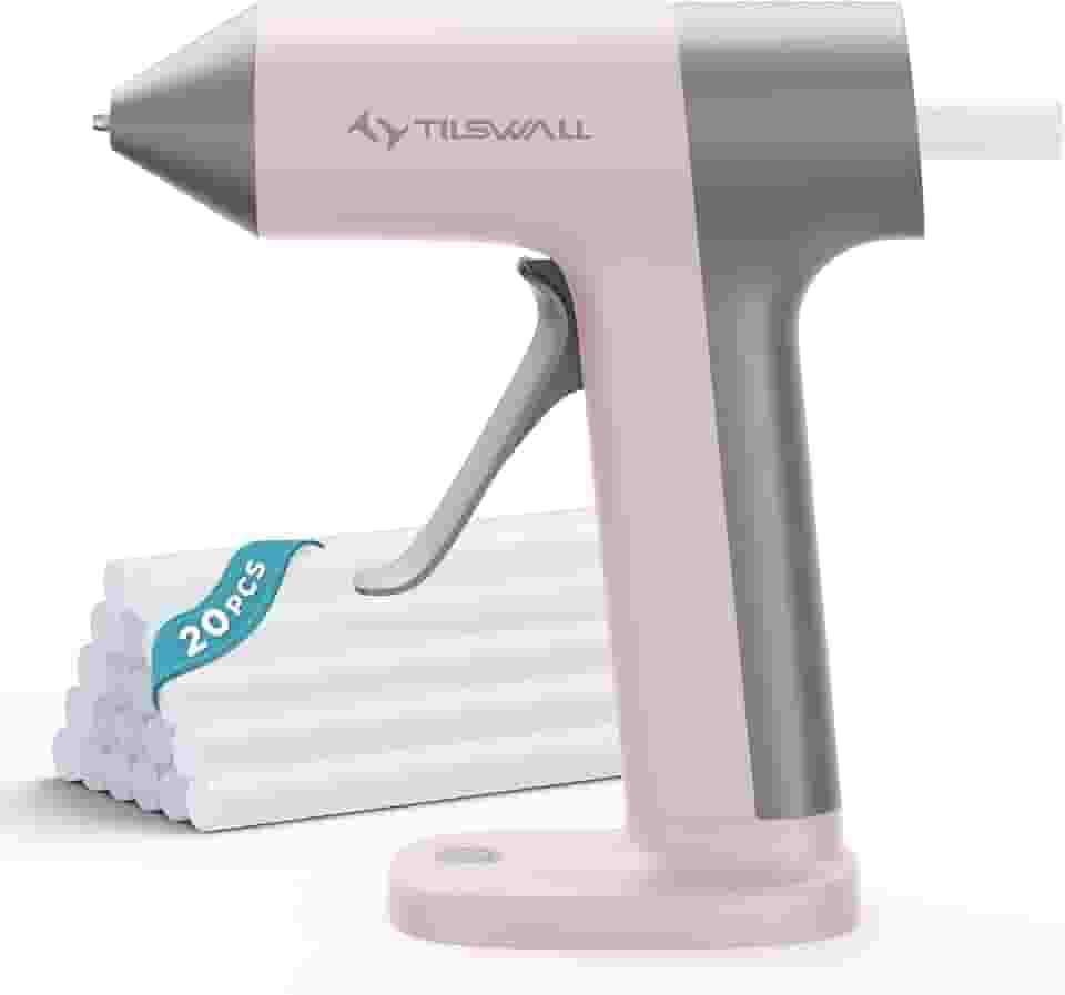 Tilswall Conjunto de pistola e bastões de cola quente sem fio, pré-aquecimento rápido 30s, mini pistola de cola quente recarregável com USB-C com 20 bastões de cola, desligamento automático, compacta