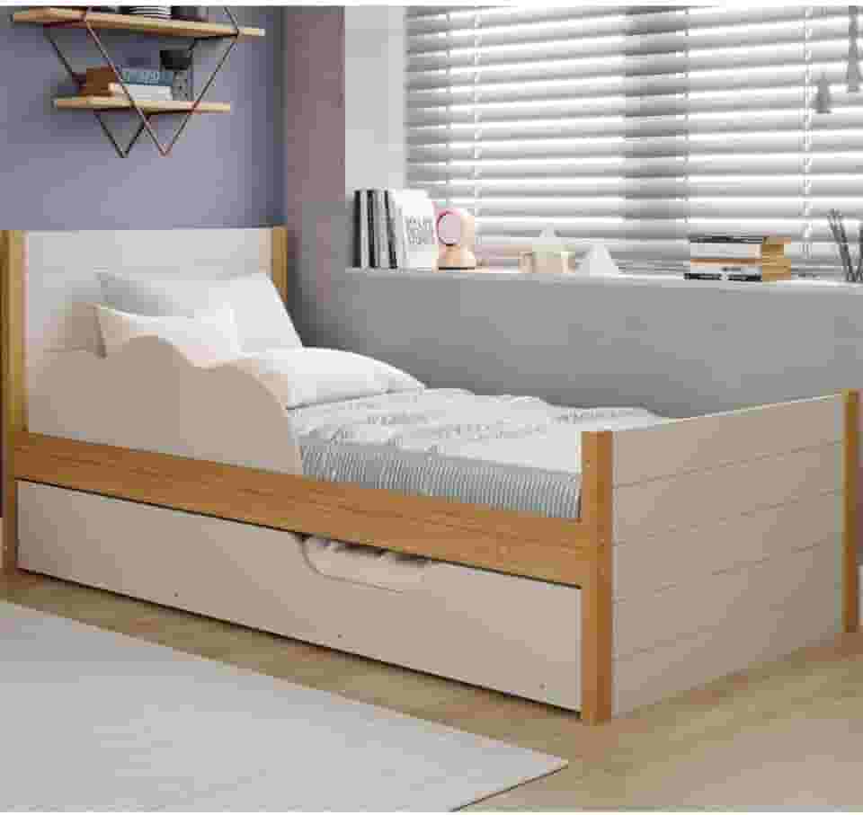 Bicama Infantil Solteiro 100% Mdf Bibox Cama Auxiliar Com Rodizio Uli Nature/off White