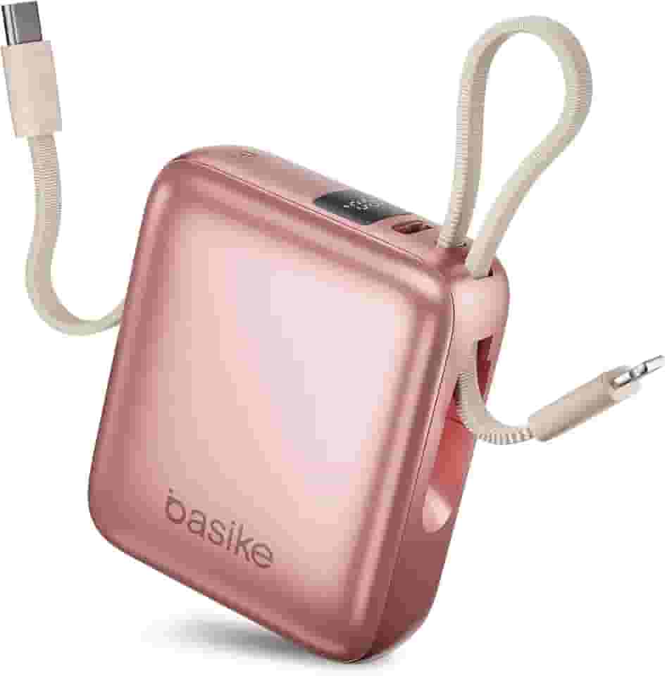 Basike Carregador Portátil 10000mAh, Mini Power Bank com Cabos Integrados, Carregamento Rápido 22.5W(MAX), Pequeno, Led Indicador de Bateria para iPhone/Samsung/Huawei/Xiaomi, etc (Rosa)