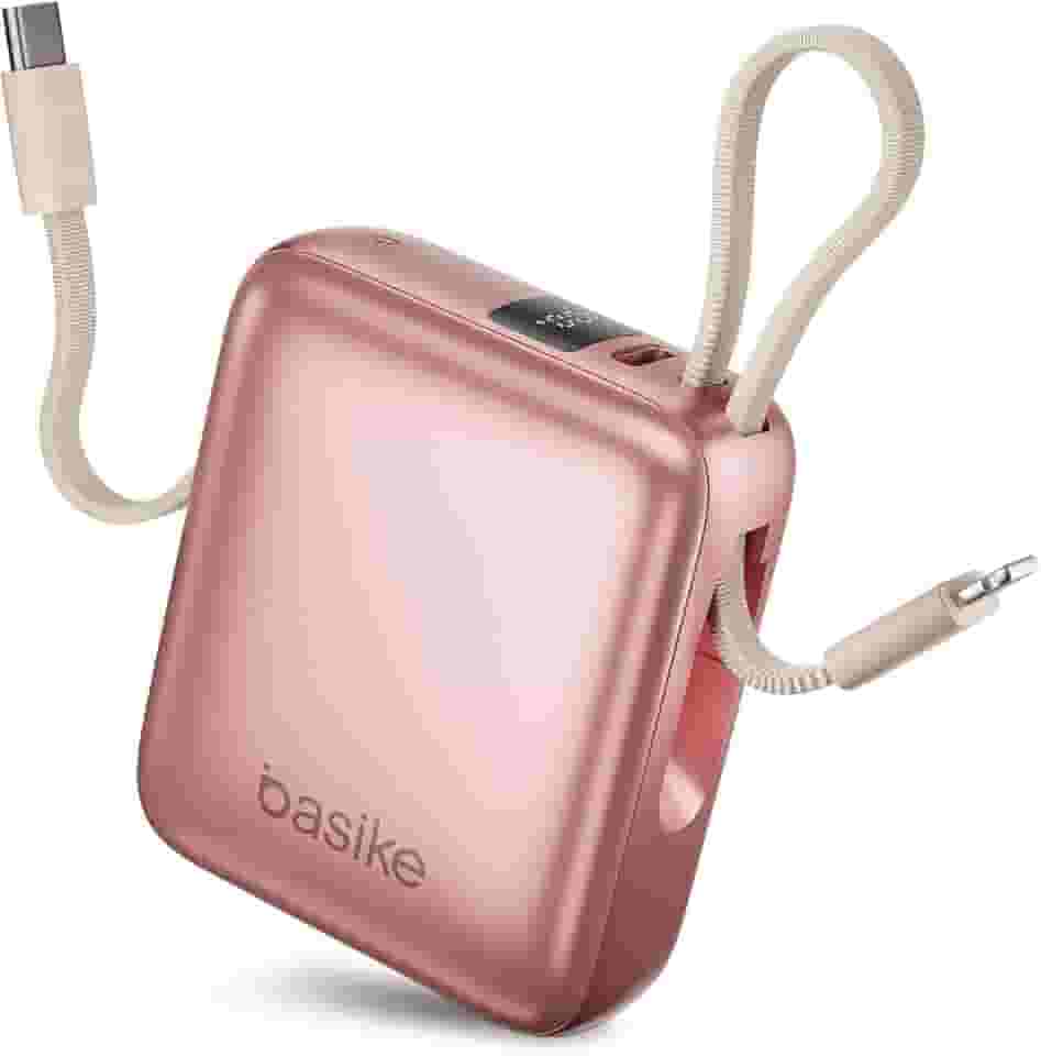 Basike Carregador Portátil 10000mAh, Mini Power Bank com Cabos Integrados, Carregamento Rápido 22.5W(MAX), Pequeno, Led Indicador de Bateria para iPhone/Samsung/Huawei/Xiaomi, etc (Rosa)