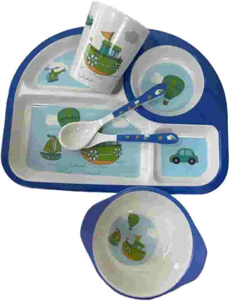 Jogo Completo Kit de Refeição Infantil Cor Azul com 5 Peças, Prato com Divisórias, Prato Fundo, Copo 200ml, Talheres, Azul Menino Ideal para Introdução Alimentar