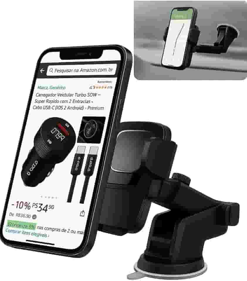 Suporte Veicular para Celular – Ventosa Ultra Forte, Rotação 360° e Antivibração, Ideal para GPS, Waze e Motoristas de App