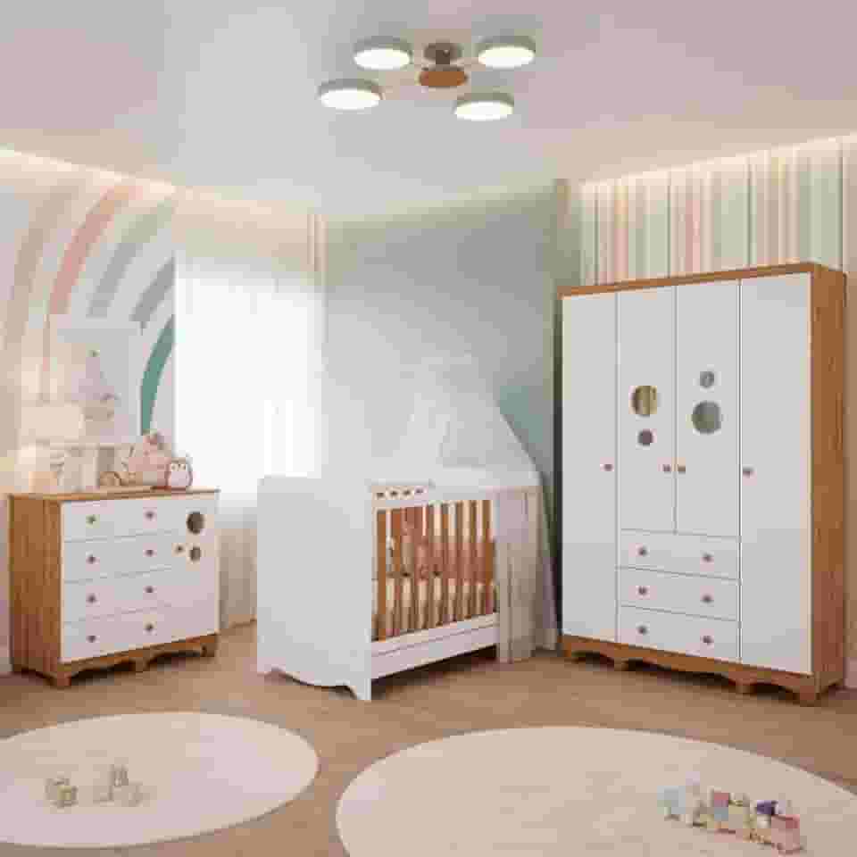 Quarto Bebê Completo Berço Americano Bem 3em1 Guarda Roupas 4 Portas Cômoda 1 Porta Bolinha 100% MDF