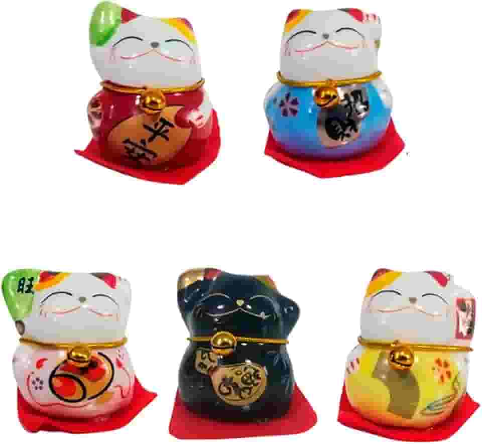 Gato da Sorte Japonês Maneki Neko DT1183E Gatinho da Sorte Japonês, 5 Pçs. O Maneki Neko é Um Símbolo de Boas-vindas, Boa Sorte e Riqueza na Cultura Japonesa, Atrai Riqueza e Fortuna Para Sua Casa.