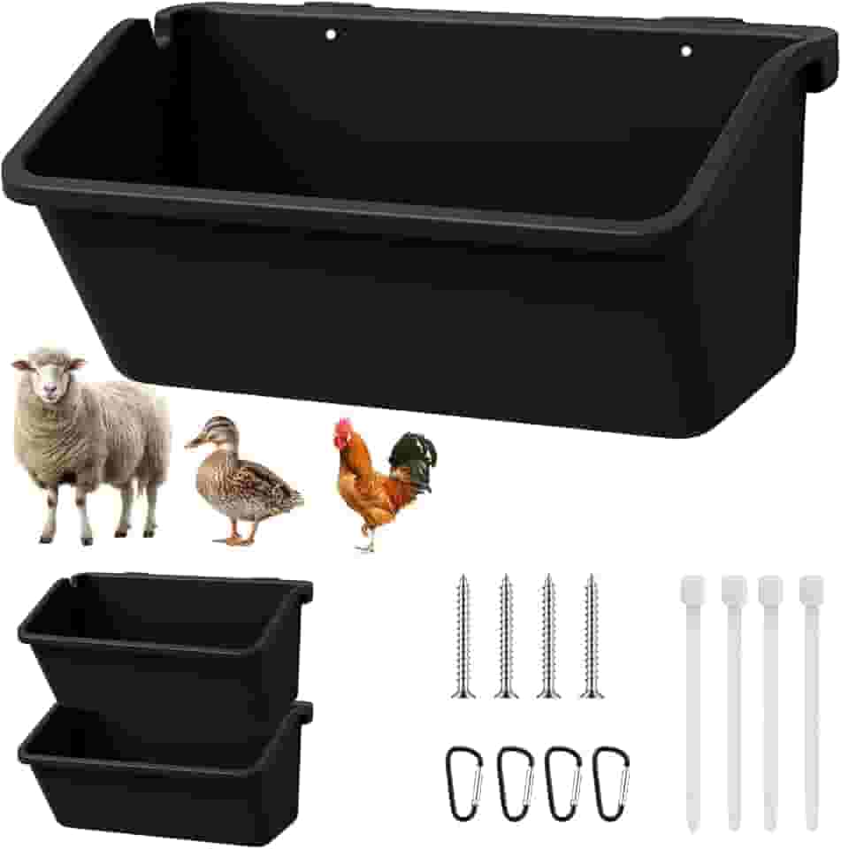 Comedouros de galinha pendurados (pacote com 2, 5 Qt) – Baldes de água e ração de aves de plástico preto durável com clipes D de metal, cabra multianimal, ovelha, pato, porco, cavalo, alimentador de