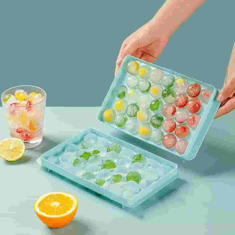 Bandejas redondas para cubos de gelo com tampa, 33 bolas de gelo redondas para coquetéis, café, cerveja, molde de fabricação de gelo de fácil liberação