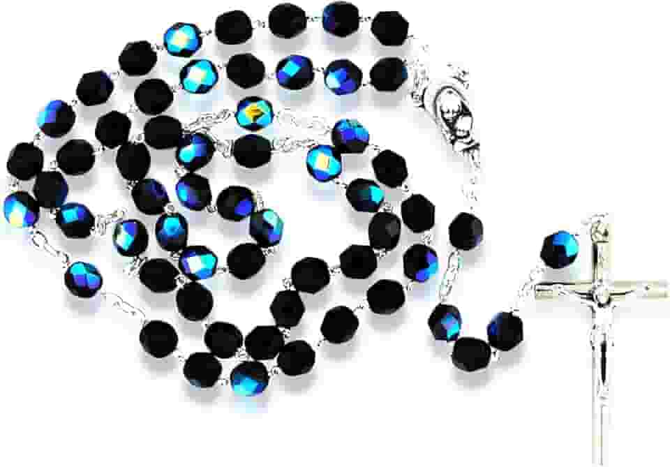 Terço católico com contas de cristal | Ótimo presente religioso para a primeira comunhão, confirmação e casamentos | Devocional Mariano | Feito na Itália